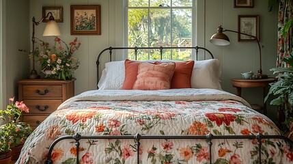 Vintage inspired iron bed in charming cottage room high resolution image