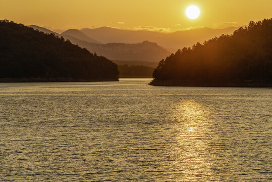 summer sunset over the lake Pertusillo, Val d'Agri, Basilicata, Italy