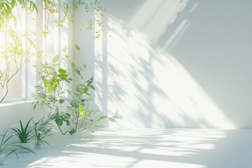 Sunlit room with lush green plants and soft shadows