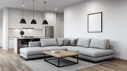Fototapeta premium Modern Living Room Interior Design with Gray Sectional Sofa, Wood Coffee Table, and Open Kitchen Concept.