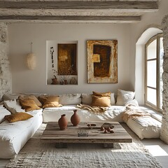 Warm minimalist space with soft linen furniture high resolution photo