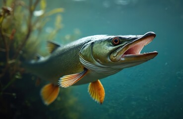 Underwater portrait of pike. Wild fish swims in river water. Predator with open mouth. Aquatic animal, freshwater life in natural environment. Water background, nature scenery.