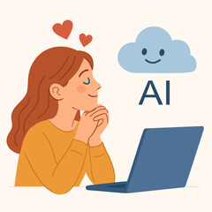 Happy Woman Using AI in the Cloud – Cute Artificial Intelligence Concept