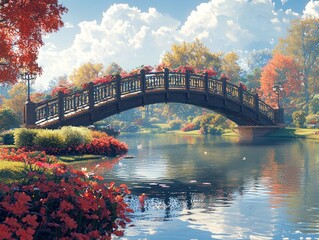 Serene autumn scene; arched bridge over calm water, vibrant foliage