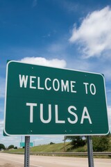 Welcome to Tulsa Sign on Highway with Blue Sky - Oklahoma Travel Destination, Road Trip, Tourism, and City Entrance