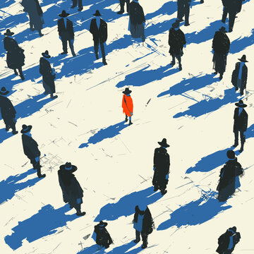 Individuality amid the Crowd: A lone figure, clad in striking crimson, stands apart within a sea of subdued individuals. The artwork explores themes of uniqueness and courage.