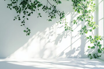 Sunlit room with lush hanging greenery and leafy shadows on white wall