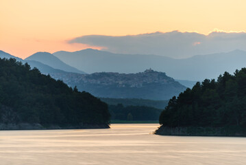 summer sunset over the lake Pertusillo, Val d'Agri, Basilicata, Italy