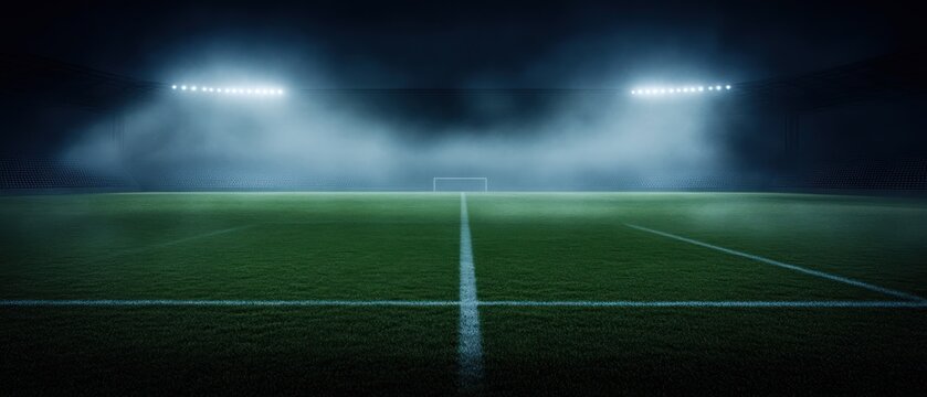 Fototapeta Empty soccer field at night stadium lights green grass