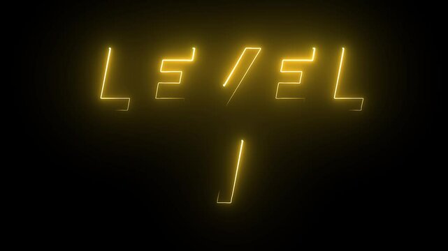 Level 1 text font with glowing neon light.Level Up neon sign tex animation.Level 1 text animation neon on black background.