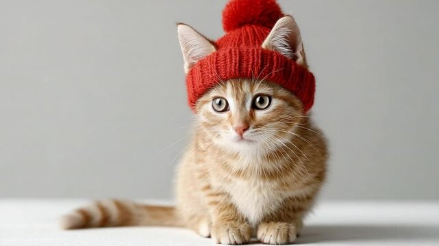 Kitten with Red Hat: A charming ginger kitten models a vibrant red hat, its innocent eyes conveying pure joy. This image is perfect for evoking warmth, happiness, and playfulness.