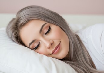 Fototapeta premium Woman Sleeping Peacefully on Pillow in Bedroom
