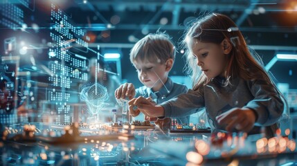 Kids experiment with sensors on breadboard in futuristic lab, holographic UI glowing, inspiring immersive STEM education.
