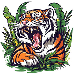 Obraz premium Roaring cartoon tiger in jungle bushes isolated on transparent background