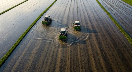 Obraz premium Aerial view of rice planting tractors working in a flooded paddy field