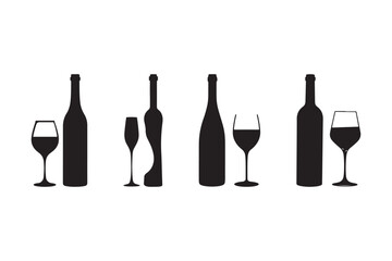 Wine Bottle and Glass Silhouette Icons Elegant Vector Drink Set