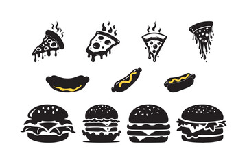 Fast Food Icons Set Pizza, Hot Dog, and Burger Vector Art