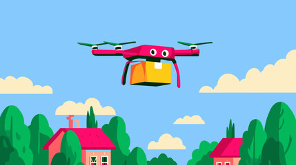 Drone Delivery: Witness the future of logistics as a vibrant drone, bearing a delivery box, effortlessly navigates the sky, promising swift and innovative service above suburban rooftops.