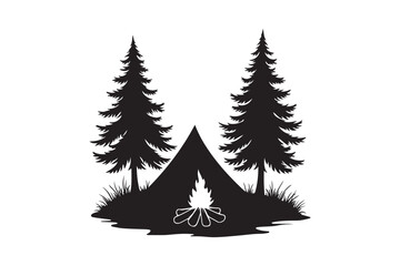 Fototapeta premium Camping Tent Silhouette with Pine Trees and Campfire Outdoor Adventure Vector Art