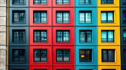 Obraz premium Vibrant multi-colored apartment building facade with repeating window patterns
