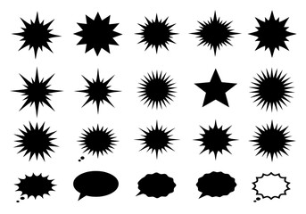 Vector black starburst explosion shapes set isolated on white background design elements for graphic design
