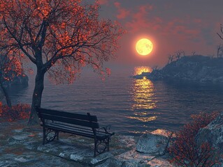 Serene autumnal lakeside scene at sunset, featuring a solitary bench beneath a crimson-leafed tree, and a large, glowing moon reflecting on calm water