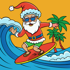 Santa Claus surfing tropical waves, bringing holiday cheer to a sunny beach scene.