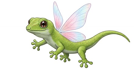 Cute flying gecko with fairy wings illustration