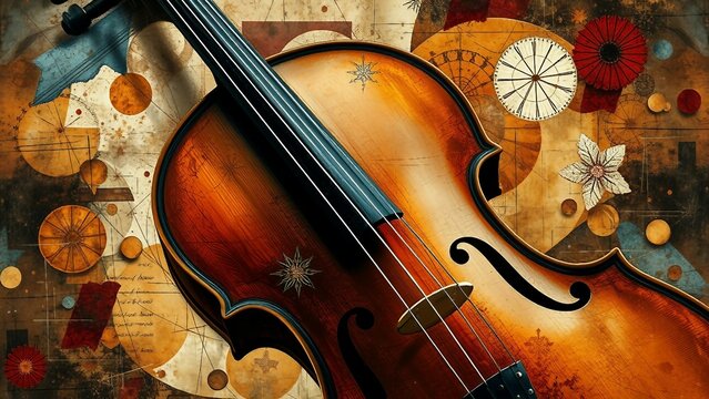 Antikes Cello auf einem abstrakten, kreativen Hintergrund &ndash; verbindet Musik mit Kunst.