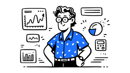 Data Analyst at Work: A skilled data analyst stands confidently before interactive display showcasing charts and diagrams, signifying strategic insights and data-driven decision-making.
