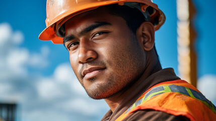 Obraz premium Serious young construction worker in safety gear looks confidently ahead, ready for task at hand and determined to get it done