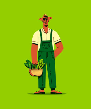 Smiling Farmer: A cheerful illustration of a farmer stands proudly against a verdant background, holding a basket overflowing with fresh produce.