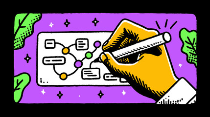 Fototapeta premium Conceptualizing Strategy: A hand sketches a strategic plan, with colorful illustrations and a modern visual narrative, ideal for business and marketing themes.