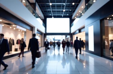 General plan. Blurred corridor of a shopping center with people.