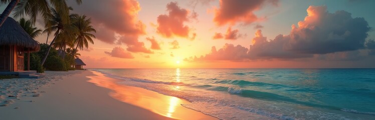 Fototapeta premium Maldives sunset panorama illustration. Luxury resort beach with palm trees, ocean waves, clouds. Beautiful colourful sky during the sunset at tropical island. Travel, vacation, relax at shore.
