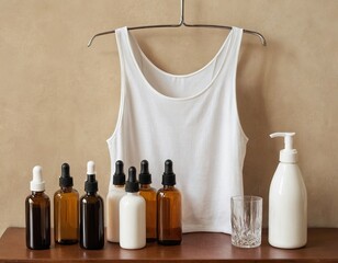 Minimalist display of skincare products and a white tank top on a wooden shelf, exuding a calming, natural vibe.