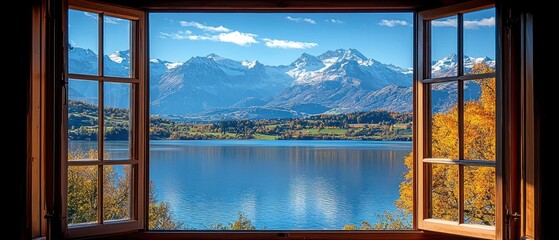 Serene autumnal view from a window, showcasing a calm lake mirroring snow-capped mountains under a clear sky