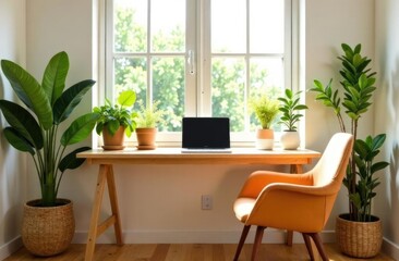Fototapeta premium Remote work. Cozy home office with plants.