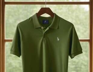 Olive green polo shirt hanging by a window, showcasing its clean design and casual elegance.