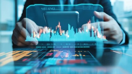 Financial data analysis in a modern office by a biracial businessman using mobile technology, financial data processing over biracial businesswoman in office - Powered by Adobe