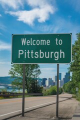 Welcome to Pittsburgh Sign with City Skyline and Blue Sky - Travel Destination, Urban Landscape, and Roadside Attraction