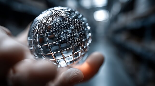 The hand holds a globe made of interconnected pieces.