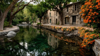 Scenic village waterway reflections