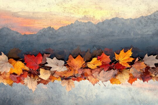 Autumn leaves in vibrant colors rest on a tranquil lake, reflecting a majestic mountain range at sunset.