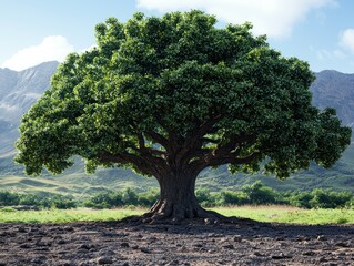 Obraz premium Majestic ancient tree stands tall in a serene landscape, its massive roots grounded in dark soil, against a backdrop of rolling hills and mountains under a vibrant sky