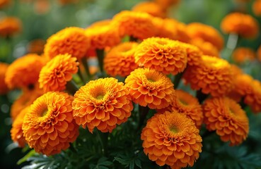 Group orange tagetes flowers bloom in sunny garden. Soft focus summer floral background. Tagetes or African marigold vibrant colors, nature beauty. Flowers petals in bloom season.