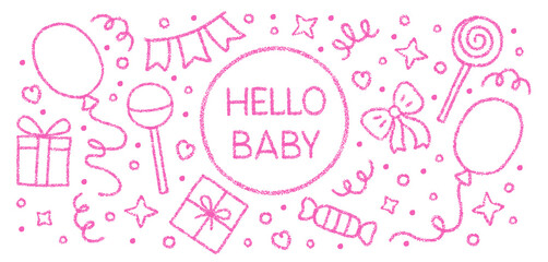 Crayon kid birthday background with Hello baby text. Cute pink chalk sketch of cake with candles, balloons, lollipop and gift box. Crayon pencil bg for newborn girl baby shower, vector illustration