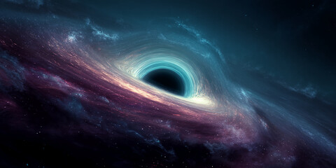 Cosmic swirl around black hole, teal and purple nebula, celestial event, powerful gravitational pull, dark matter, space exploration, universe mystery