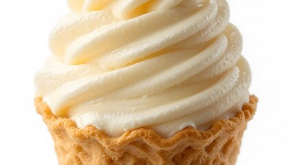 Close-up of a waffle cone filled with creamy vanilla soft-serve ice cream, smooth swirls, realistic lighting, isolated