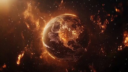 Earth engulfed in fiery cosmic flames